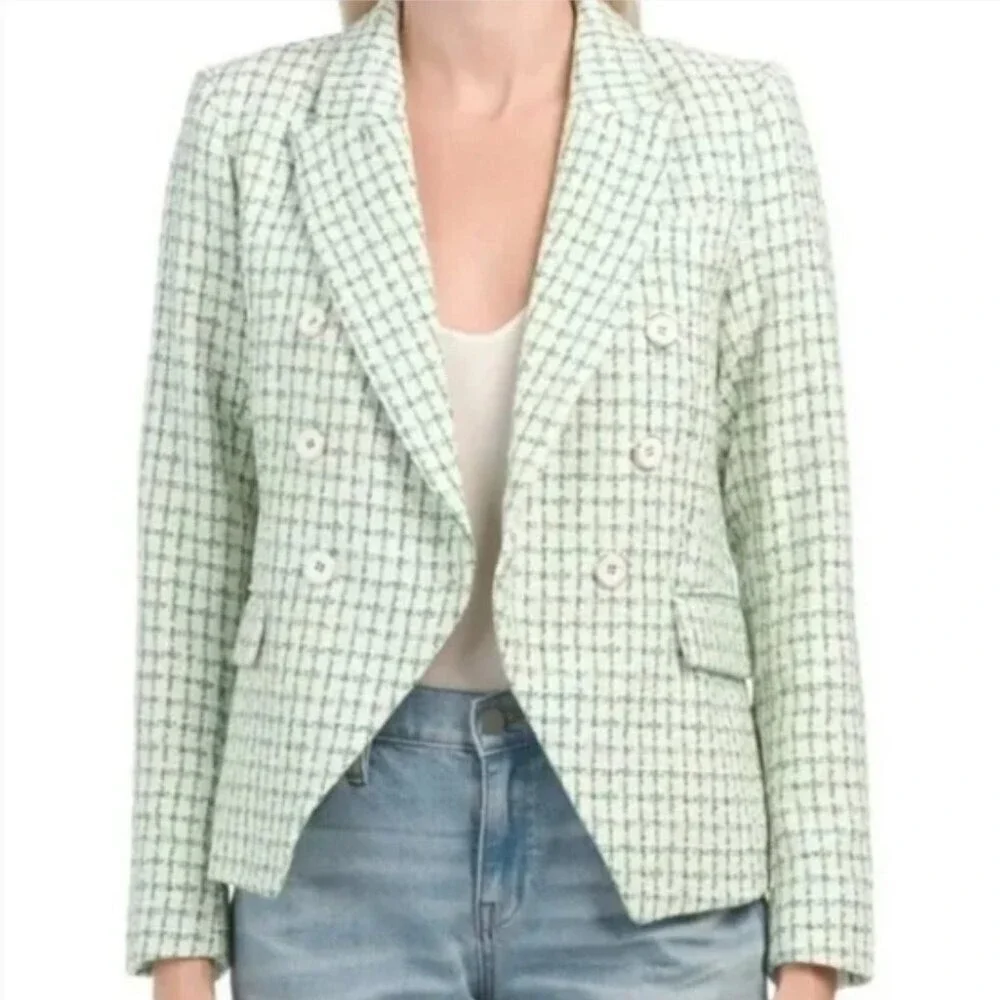 Rachel Zoe Green White Tweed Notch Collar Double Breasted Blazer Jacket Size XS - Picture 2 of 13